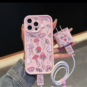 Pink Mushroom Pattern Phone Case and Charger Set